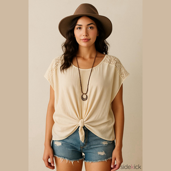 Love Sam Tops - Love Sam Cream Boho Silk Lace Detail Blouse